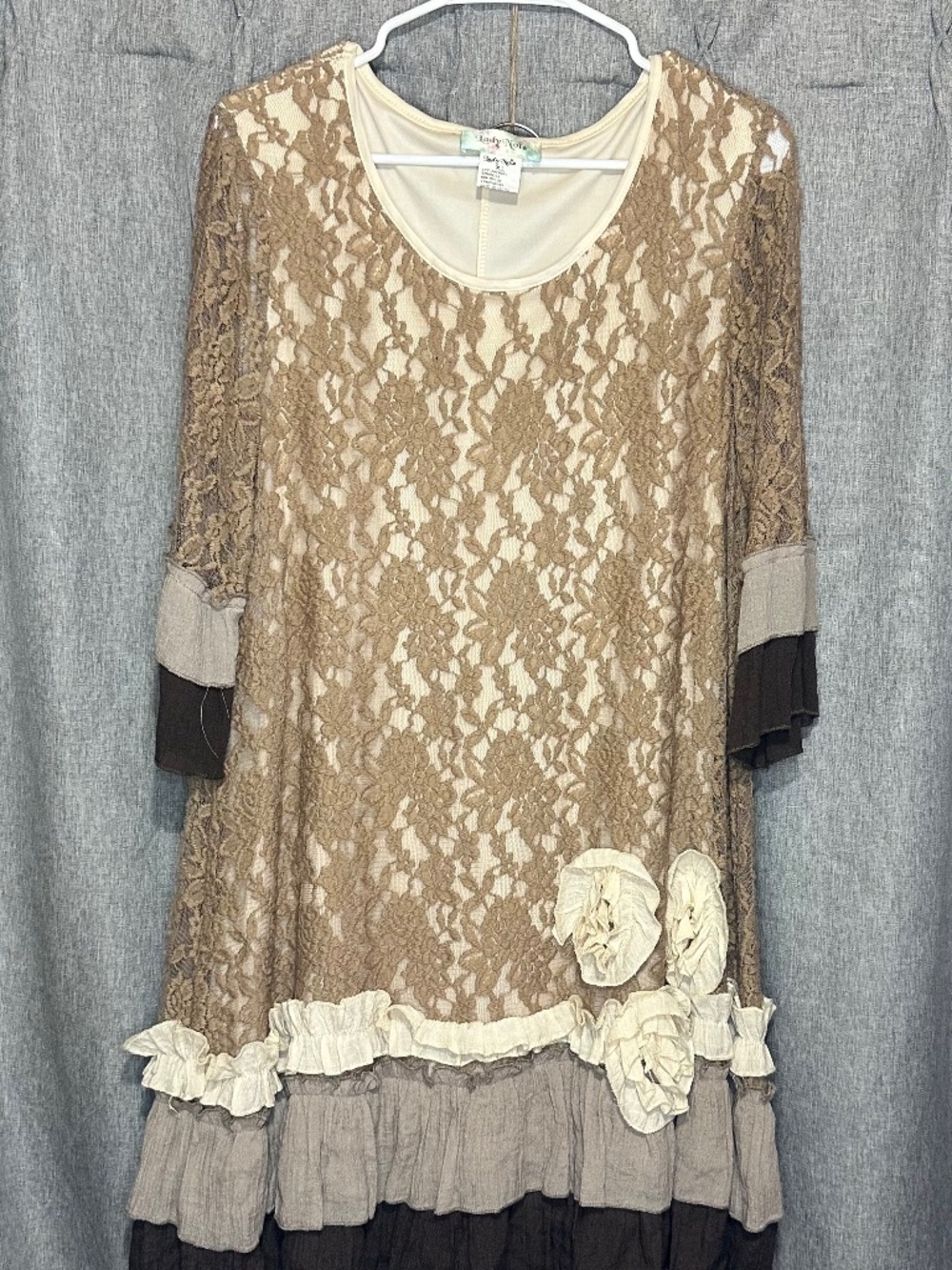 LADY NOIZ Taupe Floral Lace 3D Rosette Tiered Ruffle Tunic Dress - Plus Size XL